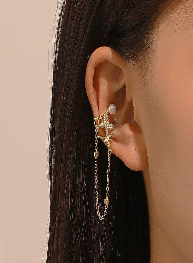 Cicod Ear Cuff Earrings for Women No Piercing Zircon Star Heart Pearl cuffs Helix Cartilage Clip On Wrap Earring Adjustable Ear Cuffs Prom Jewelry for Women (Butterfly Chain) - Image 2